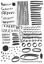 Vector set of grungy hand drawn textures. Lines, circles, smears, waves, spirals, brush strokes, boxes. Hand drawn elements for Royalty Free Stock Photo