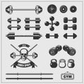 Set of gym equipment and design elements.