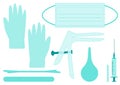 A set of medical tools. A vaginal speculum, syringe, medicine gloves, spatula and clyster. The medical tools for holding open the