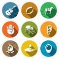 Vector Set of Gypsy Camp Icons. Guitar, Tambourine, Horse, Romany, Dray, Ring Ear, Bonfire, Beggar, Nomad.