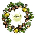 Vector set of hair care ingredients. Organic hand drawn colored elements.Argan nuts and oil wreath.