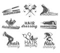 Vector set of hair salon labels in vintage style. Beauty and barber shop, scissors, blade. Royalty Free Stock Photo