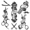 Vector set of hair salon vector labels in vintage style. Hair cut beauty and barber shop, scissors, blade. Royalty Free Stock Photo