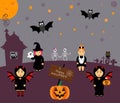 Vector set for Halloween in cartoon style. Pumpkin, ghost, owl, bat, web, skeleton. Girl in costumes. Celebrate
