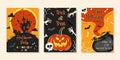 Vector set of Halloween party invitations or greeting cards with handwritten calligraphy and traditional symbols. Royalty Free Stock Photo