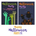 Vector set of Halloween party invitations or greeting cards with handwritten calligraphy and traditional symbols Royalty Free Stock Photo