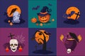 Vector set of Halloween symbols. Raven on tombstone, pumpkin in witch hat, skull, burning candles, cauldron with potion Royalty Free Stock Photo