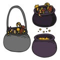 Vector set of halloweens cauldrons with candy. Spooky illustration