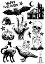 Set of hand drawing of halloween objects in black and white