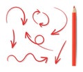 Vector Set of Hand Drawn Arrown and Red Pencil, Icons with Shadows Isolated. Royalty Free Stock Photo