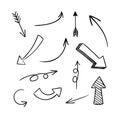 Vector set of hand drawn arrows isolated on white background, black, grunge sketched icons. Royalty Free Stock Photo