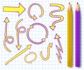 VECTOR set of sketched arrows with two realistic pencils in yellow and purple colors on notebook page.