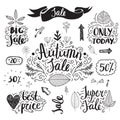 Vector set of hand drawn autumn sale banners. Doodle style, lettering. Best price, big sale, only today, super sale