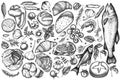 Vector set of hand drawn black and white garlic, cherry tomatoes, peas, fish, shrimp, cabbage, beef, buns and bread Royalty Free Stock Photo