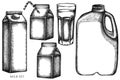 Vector set of hand drawn black and white glass, milk boxes, gallon of milk Royalty Free Stock Photo