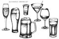 Vector set of hand drawn black and white glass, mug of beer, alcohol shot, glass of champagne, glass of wine, glass of