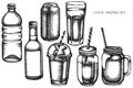 Vector set of hand drawn black and white glass, plastic bottle, bottle of lemonade, smoothie cup, aluminum can, smothie Royalty Free Stock Photo