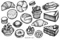 Vector set of hand drawn black and white macaron, buns and bread, croissants and bread, cheesecake, eclair, cupcake