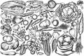 Vector set of hand drawn black and white onion, garlic, pepper, broccoli, radish, green beans, potatoes, cherry tomatoes