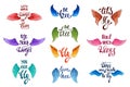 Vector set of hand drawn calligraphy phrases with angel wings. R Royalty Free Stock Photo