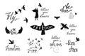 Vector set of hand drawn calligraphy phrases with flying birds,