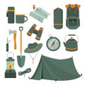 Vector set of hand drawn camping icons isolated on white background. Hiking equipment, accessories, tent, compass, map Royalty Free Stock Photo