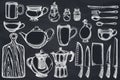 Vector set of hand drawn chalk Chef`s knifes, teaspoon, spoon, fork, knife, cutting board, bottle of oil, teapots Royalty Free Stock Photo