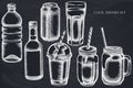 Vector set of hand drawn chalk glass, plastic bottle, bottle of lemonade, smoothie cup, aluminum can, smothie jars Royalty Free Stock Photo