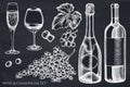 Vector set of hand drawn chalk grapes, champagne, bottle of wine, glass of champagne, glass of wine Royalty Free Stock Photo