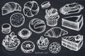 Vector set of hand drawn chalk macaron, buns and bread, croissants and bread, cheesecake, eclair, cupcake, cake, donut