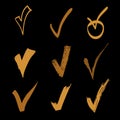 Vector set of hand drawn check on black background, doodle gold illustration