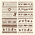 Vector set of hand drawn christian seamless pattern made with ink. Freehand textures for fabric, polygraphy, web design