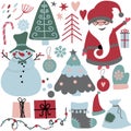 Vector Set of hand drawn Christmas illustrations. Clipart collection with Santa Claus, Christmas ball, gifts, christmas
