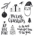 Vector set of hand drawn Christmas illustrations, design elements. Lettering, wishes, trees. Royalty Free Stock Photo
