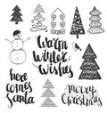Vector set of hand drawn Christmas illustrations, design elements. Lettering, wishes, trees. Royalty Free Stock Photo