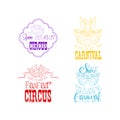 Vector set of hand drawn circus or carnival signs in different colors. Sketch emblems with elephant on stand, masquerade