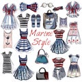 Vector set of hand drawn clothes in marine nautical sstyle Royalty Free Stock Photo