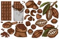 Vector set of hand drawn colored cocoa beans, cocoa, chocolate, chocolate candies Royalty Free Stock Photo