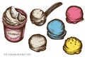 Vector set of hand drawn colored ice cream bucket, ice cream scoop, ice cream balls Royalty Free Stock Photo