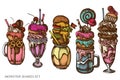 Vector set of hand drawn colored monster shakes, burger monster shake