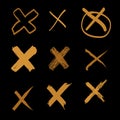 Vector set of hand-drawn cross, doodle gold illustration on black background