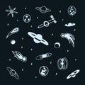 Vector set of hand drawn doodle cosmic object - planet, comet