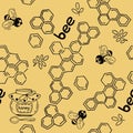 Honey combs and bees. Vector seamless pattern on an isolated background.