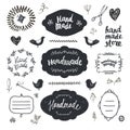 Vector set of hand drawn doodle frames, badges. Handmade, workshop, hand made shop graphic design set. Royalty Free Stock Photo