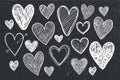 Vector set of hand drawn doodle hearts, black and white, blackboard Royalty Free Stock Photo
