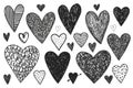 Vector set of hand drawn doodle hearts, black and white hearts isolated. Valentine s day graphic elements.