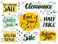 Vector set of hand drawn doodle sale banners, badges, tags, illustrations. Typography Background. Handmade calligraphy.