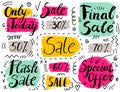 Vector set of hand drawn doodle sale banners, badges, tags, illustrations. Typography Background. Handmade calligraphy