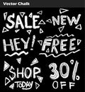 Vector set of hand drawn doodle sale lettering, typography, frames, bubbles written on chalkboard background Royalty Free Stock Photo