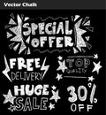 Vector set of hand drawn doodle sale lettering, typography, frames, bubbles written on chalkboard background Royalty Free Stock Photo